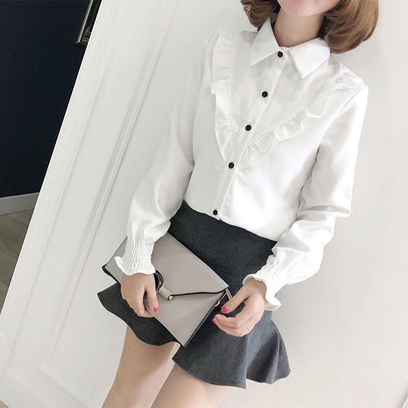 Spring Summer K-Pop Style Shirt Long Sleeve White