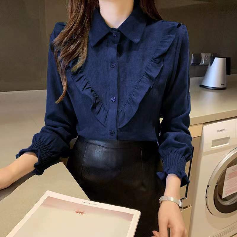 Spring Summer K-Pop Style Shirt Long Sleeve Dark Blue