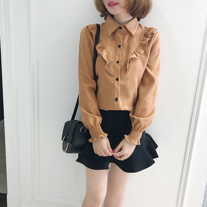 Spring Summer K-Pop Style Shirt Long Sleeve Khaki