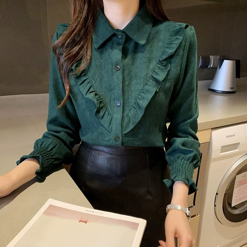 Spring Summer K-Pop Style Shirt Long Sleeve Dark Green